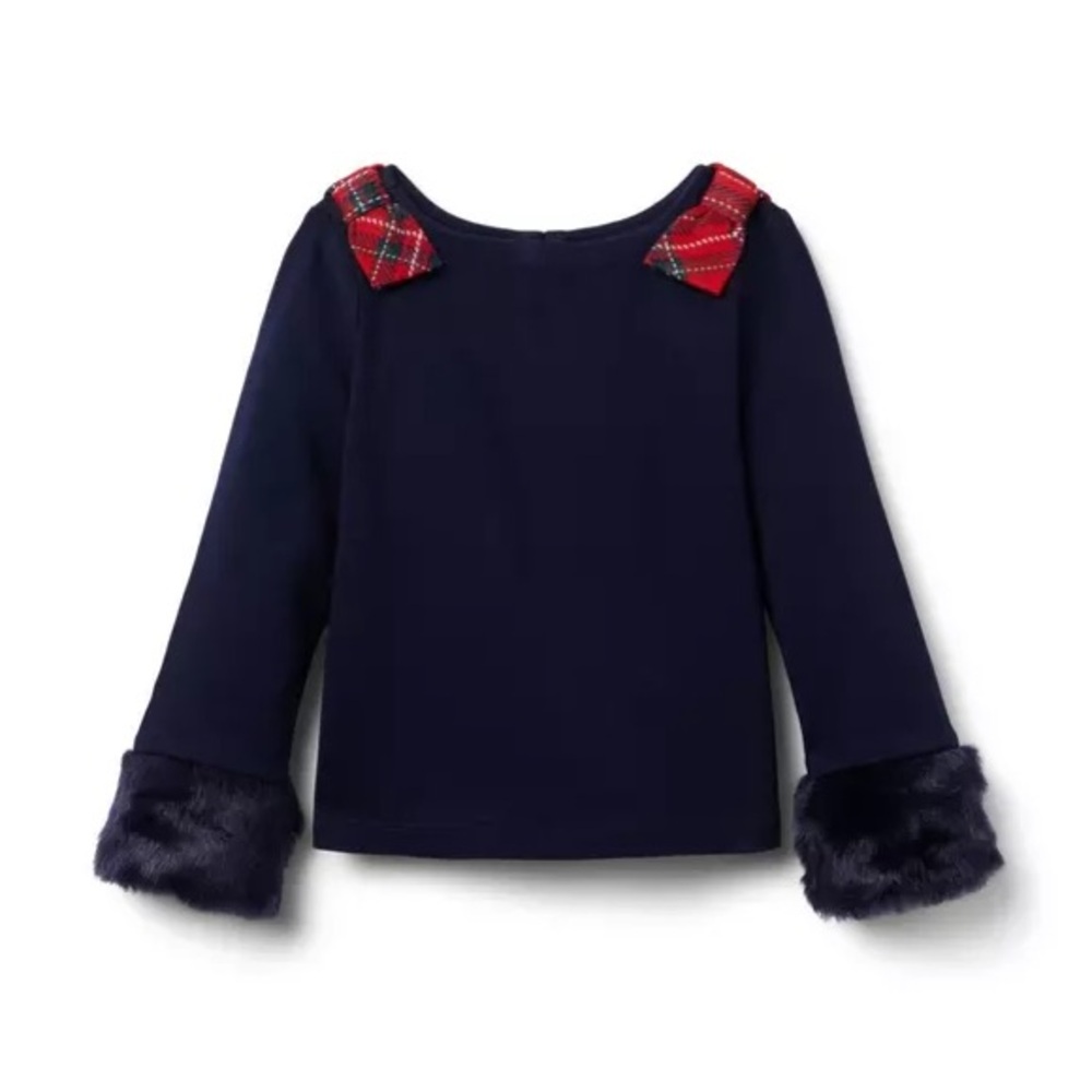 Janie and Jack Navy Top with Red Plaid Shoulder Bows and Faux Fur Cuffs